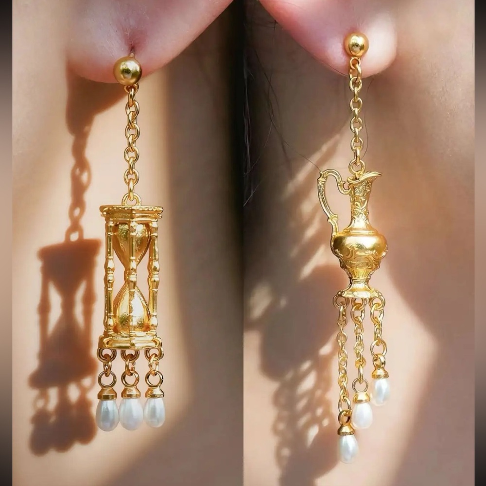 Gold Hourglass & Pitcher‎ Mismatched Drop Earrings with Pearl Statement Jewelry